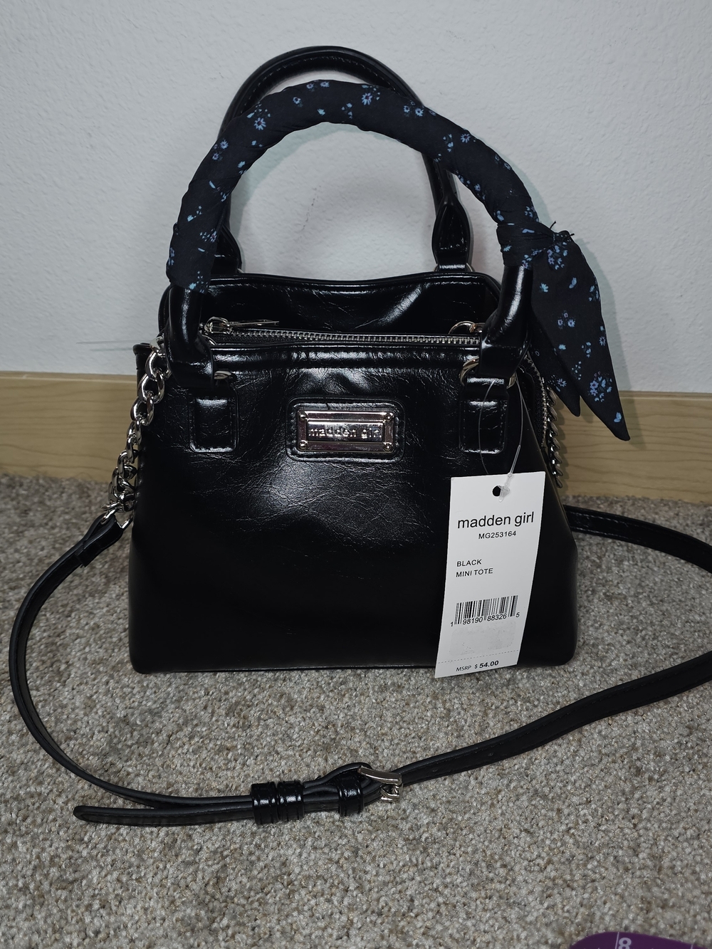Madden Girl Black Mini Tote with Floral-Print Scarf Handle